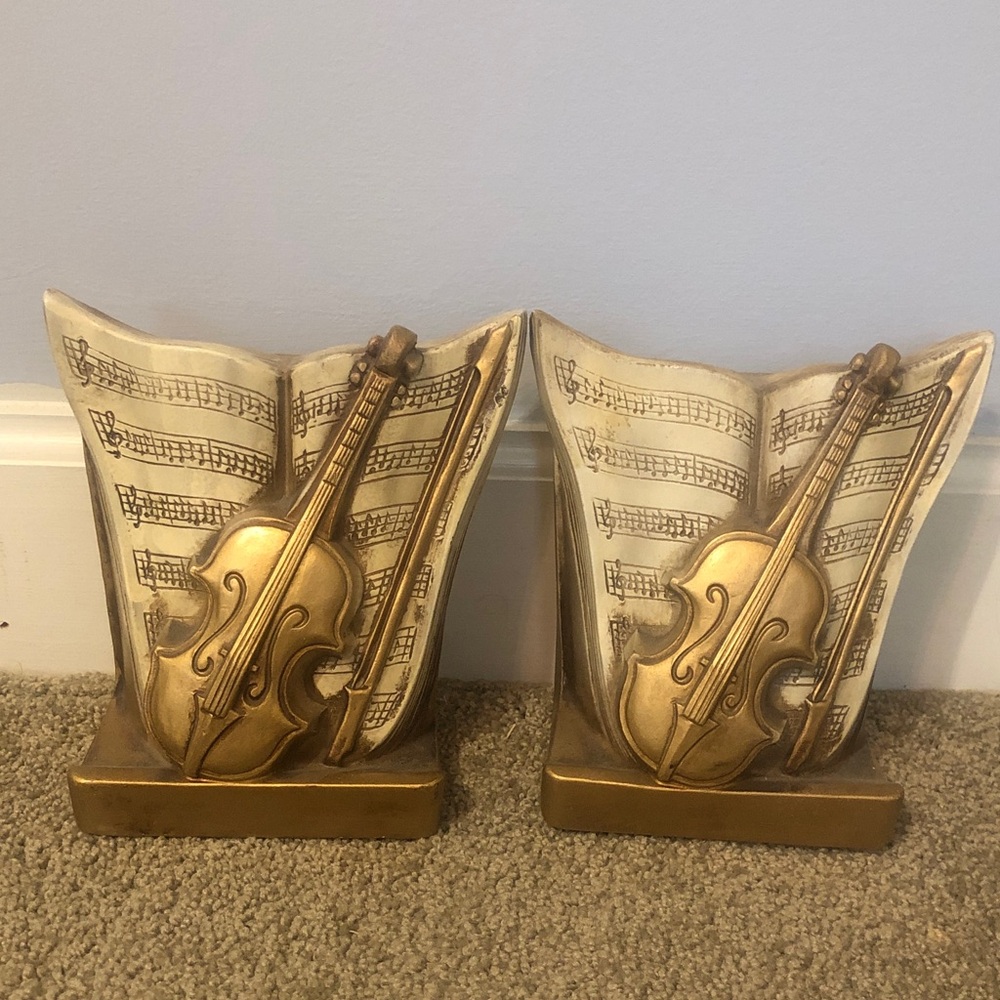 VTG Pair Of Music Bookends Gold Violin Open Music Book Fiddle Musical Notes 60’s